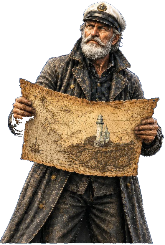 Leuchtturmwärter Schilling, Maskottchen von Kap Arkona, mit dem gedruckten Wegweiser-Guide